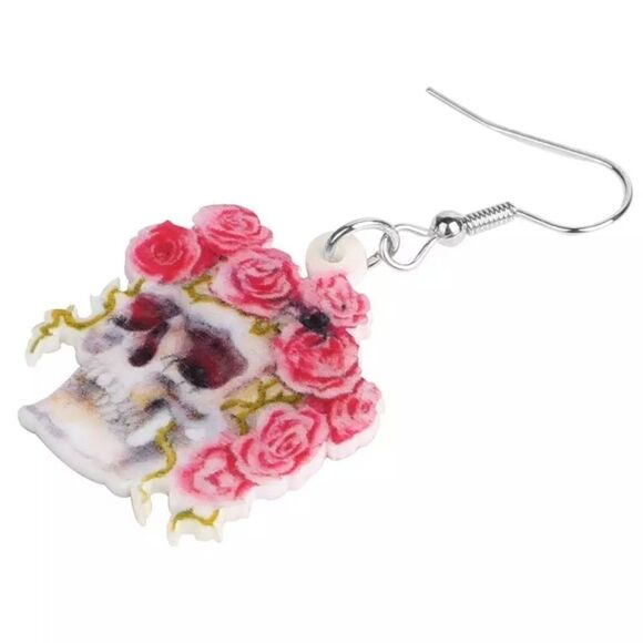Floral Skull Earring Dia de los Muertos Halloween Pink Lightweight - Picture 4 of 5